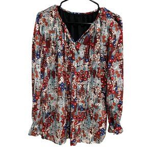 Floral Long Balloon Sleeve Blouse V Neck Ruffled Cuffs Sz XL